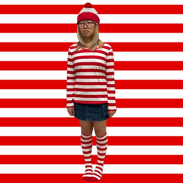 Womens Red White Stripe Shirt for Where Costume Cosplay Halloween (Optional Socks&Beanie Set)- We ship out Next Business Day from California