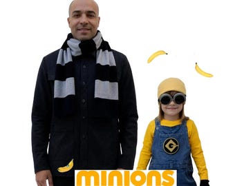 Op Gru en Minion geïnspireerde kostuumset – zwartgrijze sjaal + goudgeel kindershirt met lange mouwen – grappige familie Halloween-outfit of themafeest