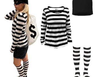 Women's Thief Costume: Striped Long Sleeve Shirt, Socks & Beanie Set