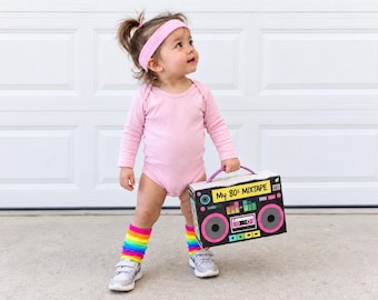80s Workout Costume for Kids | Retro Toddler Aerobics Outfit | Onesie, Headband & Rainbow Socks Set | Halloween Theme Party