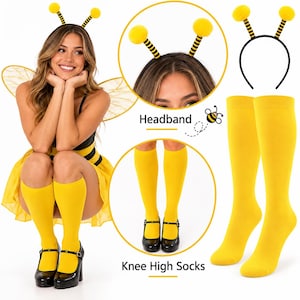 May include: A bee costume set featuring a black headband with yellow and black striped antennae topped with yellow pom-poms, a yellow and black striped dress with sheer wings, and a pair of solid yellow knee-high socks for a complete ensemble.