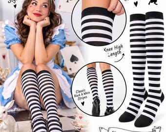 Black and White Striped Knee High Socks for Women, Halloween Costume Socks