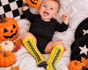 Baby Punk Rock Costume, Black Onesie and Lace Up Knee High Socks Set, Toddler Hip Hop Halloween Outfit, 12M 18M 24M, Red Yellow Black
