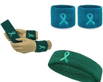 Teal Ribbon Embroidered Terry Headband & Wristbands: Awareness Set