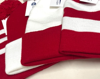 Red and White Striped Knit Beanie: Halloween Costume, Christmas Holiday Cosplay Cap