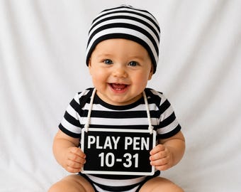 Baby Prisoner Costume, Black White Striped Bodysuit, Infant Jail Outfit (Beanie Set)