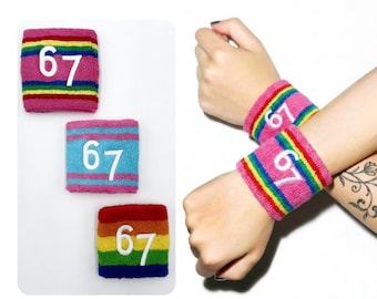 67 Embroidered Wristband | Retro Terry Sweatband | Y2K Aesthetic Number Wristband | Soft Sport Wrist Cuff for Teens & Gen Z (1 Piece)