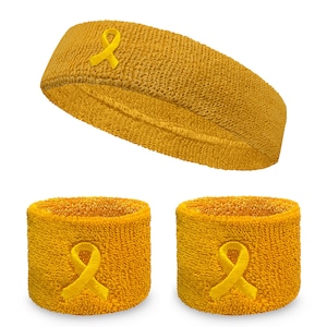 Gold Ribbon Embroidered Terry Sports/Athletic Wristbands & Headband For Childhood Cancer Awareness