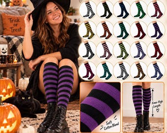 Women’s Striped Knee High Socks, Colorful Halloween Costume Socks, Witch Animal Character Cosplay Party Outfit Accessories