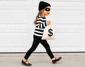 Thief Unisext Robber Costume Set, Black Beanie & Striped Shirt, Burglar Halloween Outfit