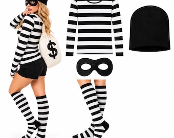 Women's Thief Costume Set, Black and White Striped Shirt, Knee High Socks & Beanie