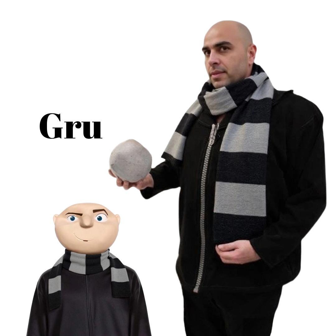 Déguisement Gru Adulte – Écharpe Rayée, Faux Nez, Bonnet Chauve Et Perruque Latex, Cosplay Halloween
