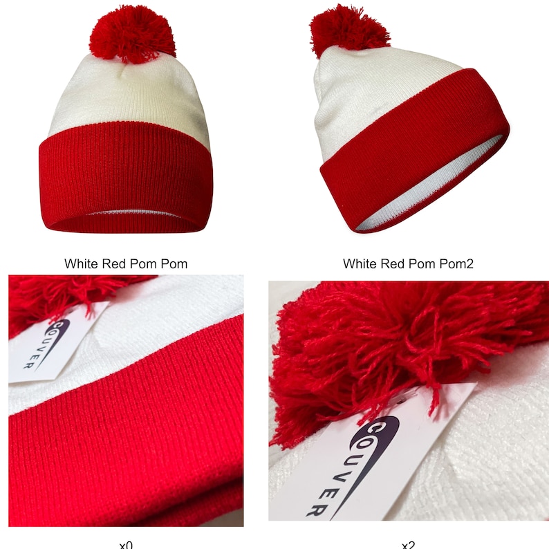 May include: White and red knit beanie with a red pom pom on top. The beanie has a white band around the bottom and a red band around the top.