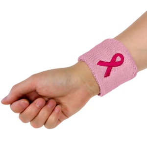 Pink Breast Cancer Awareness Ribbon Embroidery Wristband (Wrist Sweatband) - 1 Pair
