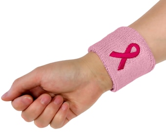 Pink Breast Cancer Awareness Ribbon Embroidery Wristband (Wrist Sweatband) - 1 Pair