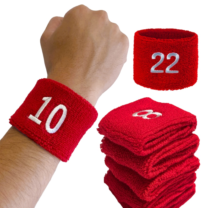 Terry Number Unisex Red Sports/athletic With Number Embroidery Sweat Wristband, One ...