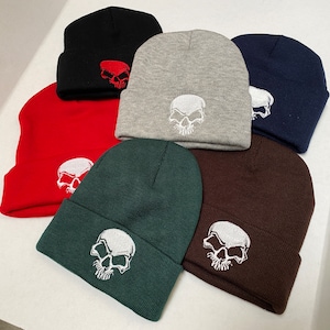 Skull Embroidered Knited Beanie - Stay Warm Stylish Stretchy Soft Beanie Hats for Men and Women, 12 inch
