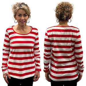 May include: Red and white striped long-sleeve shirt with a scoop neck.
