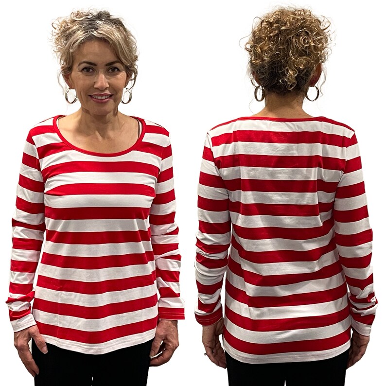 May include: Red and white striped long-sleeve shirt with a scoop neck.