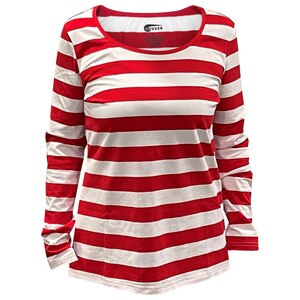 May include: Red and white striped long-sleeved shirt with a round neckline. The shirt has a "Couvre" brand label.