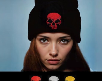 Skull Embroidered Knit Beanie: Soft Acrylic Winter Hat