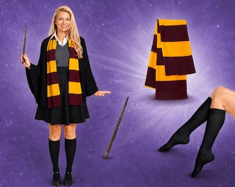 Wizard Scarf & Black Socks Set: Maroon/Gold Knit, Cosplay Costume