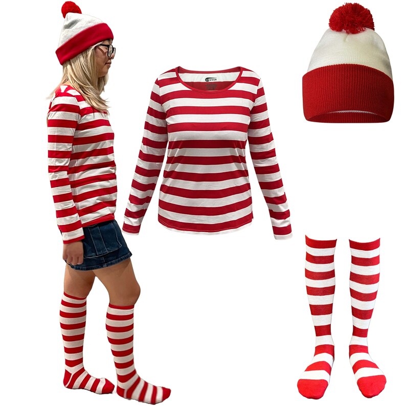 May include: Red and white striped long-sleeved shirt, red and white striped knee-high socks, and a red and white knit hat with a white pom-pom.