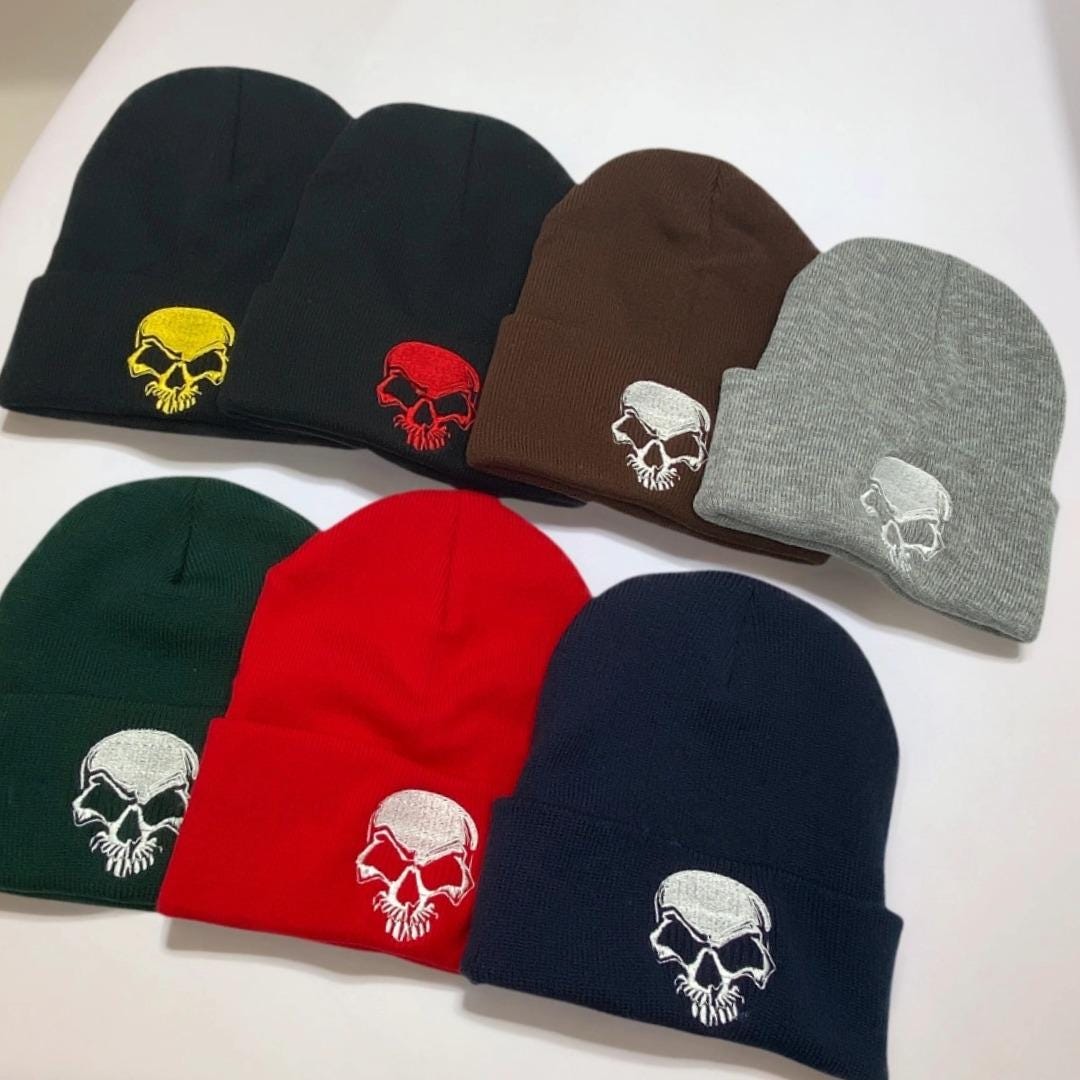 Skull Embroidered Knit Beanie: Soft Acrylic Winter Hat - Etsy display picture 1