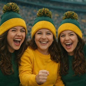Forest Gold Pom Pom Beanie | Green and Yellow Knit Hat | Winter Warm Team Color Beanie | Game Day Football Fan Hat | Adult Size