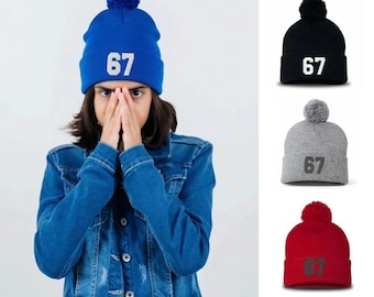 67 Embroidered Beanie | Gen Alpha Meme Beanie Hat | Funny Six Seven Winter Cap | Viral 67 Slang Headwear | Trending Brainrot Streetwear