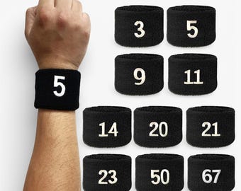 Unisex Black Sports/Athletic with White Number Embroidery Sweat Wristband, One Size, 1 Piece