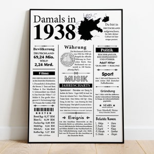 Kunstdruck 1938 Jahreszahl | 87. Geburtstag | Retro Zeitungsartikel | Plakat Geschenk zum Geburtstag, Jubiläum | Party Dekoration
