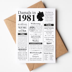 Postkarte 1981 Jahreszahl | 44. Geburtstag | Retro Zeitungsartikel | Geburtstagskarte Einladung, Geschenk, Jubiläum | Party Dekoration