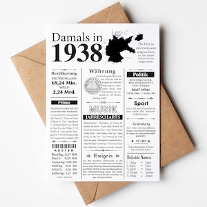 Postkarte 1938 Jahreszahl | 87. Geburtstag | Retro Zeitungsartikel | Geburtstagskarte Einladung, Geschenk, Jubiläum | Party Dekoration
