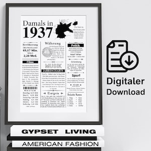 Kunstdruck 1937 Jahreszahl | 88. Geburtstag | Retro Zeitungsartikel | Plakat Geschenk Jubiläum | Digitaler Download | sofort ausdrucken