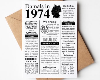 May include: A black and white newspaper-style design with the year 1974 in large bold font. The design includes information about Germany in 1974, including population, currency, film, music, politics, sports, and inventions. The design also includes a map of Germany.