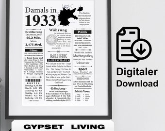 Kunstdruck 1933 | 91. Geburtstag | Jahreszahl Retro Zeitungsartikel | Plakat Geschenk Jubiläum | Digitaler Download | sofort ausdrucken