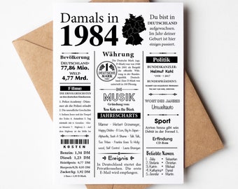 Cartolina 1984 | 40esimo compleanno | Articolo di giornale retrò dell'anno | Invito per biglietto di auguri di compleanno, regalo, anniversario | Decorazione della festa