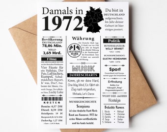 Postkarte 1972 | 52. Geburtstag | Jahreszahl Retro Zeitungsartikel | Geburtstagskarte Einladung, Geschenk, Jubiläum | Party Dekoration