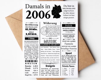 Cartolina 2006 | 18esimo compleanno | Articolo di giornale retrò dell'anno | Invito per biglietto di auguri di compleanno, regalo, anniversario | Decorazione della festa