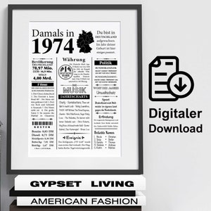 Kunstdruck 1974 Jahreszahl | 51. Geburtstag | Retro Zeitungsartikel | Plakat Geschenk Jubiläum | Digitaler Download | sofort ausdrucken