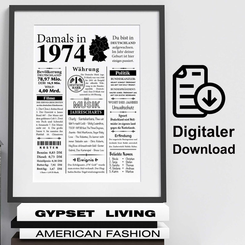Kunstdruck 1974 50. Geburtstag Jahreszahl Retro Zeitungsartikel Plakat