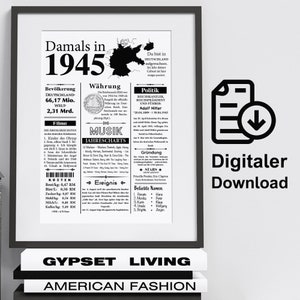 Impression d’art année 1945 | 80e anniversaire | Article de journal rétro | Affiche cadeau anniversaire | Téléchargement numérique | imprimer immédiatement