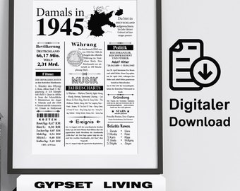 Kunstdruck 1945 | 79. Geburtstag | Jahreszahl Retro Zeitungsartikel | Plakat Geschenk Jubiläum | Digitaler Download | sofort ausdrucken