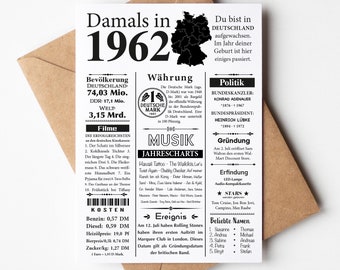 Postkarte 1962 | 62. Geburtstag | Jahreszahl Retro Zeitungsartikel | Geburtstagskarte Einladung, Geschenk, Jubiläum | Party Dekoration
