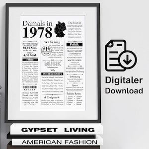 Puede incluir: Un póster digital descargable en blanco y negro con el texto "Damals in 1978" y un mapa de Alemania. El póster incluye información sobre Alemania en 1978, incluyendo población, moneda, música, política y nombres populares.