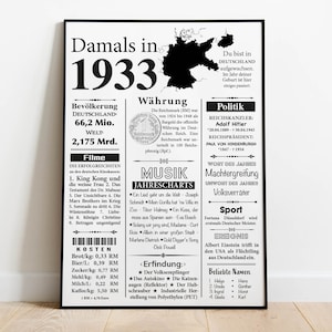 Kunstdruck 1933 Jahreszahl | 92. Geburtstag | Retro Zeitungsartikel | Plakat Geschenk zum Geburtstag, Jubiläum | Party Dekoration