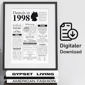 Art print 1998 year | 27th birthday | Retro newspaper article | Poster gift anniversary | Digital download | print immediately