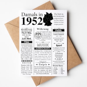 Postkarte 1952 Jahreszahl | 73. Geburtstag | Retro Zeitungsartikel | Geburtstagskarte Einladung, Geschenk, Jubiläum | Party Dekoration