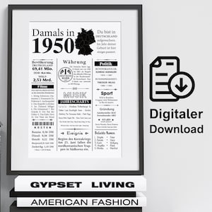 Kunstdruck 1950 Jahreszahl | 75. Geburtstag | Retro Zeitungsartikel | Plakat Geschenk Jubiläum | Digitaler Download | sofort ausdrucken